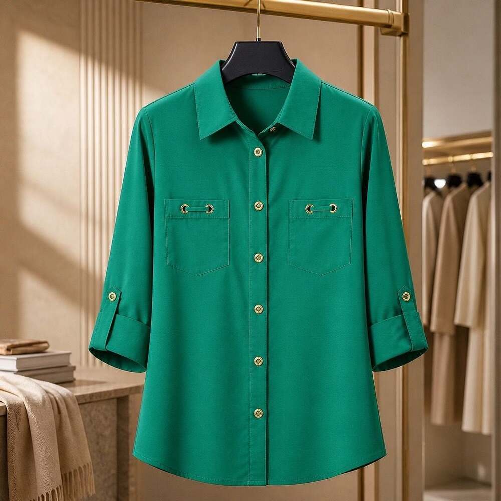 Anne Klein Women's Green Button-Down Utility Shirt with Roll-Tab Sleeves #1292